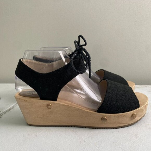 Sedette Sandal Co. Black Canvas & Wood Platform Wedge Retro Sandals Size 9.5 - Picture 6 of 11